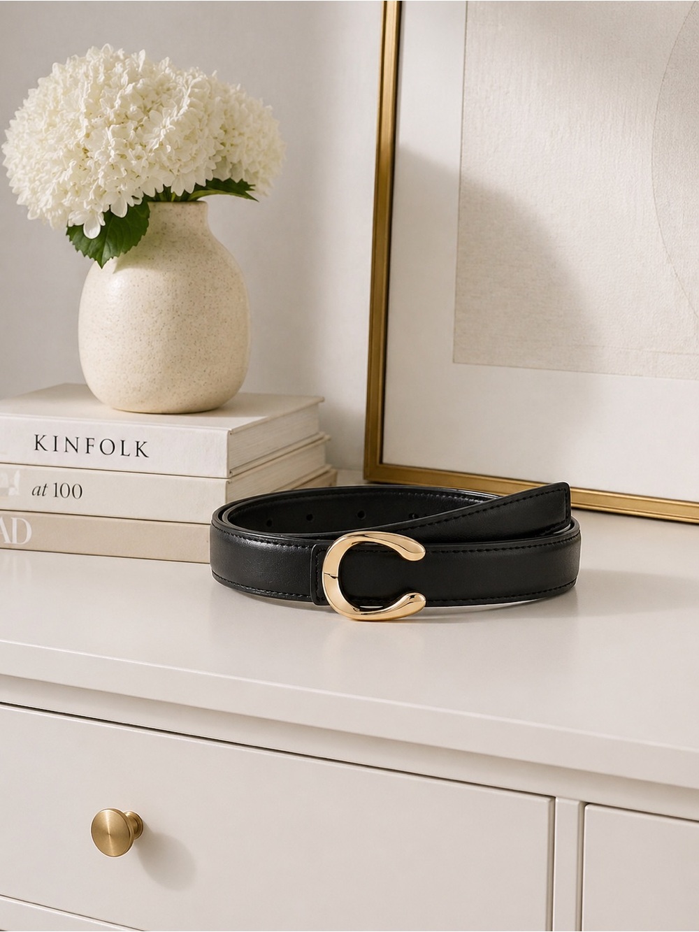 Black Leather Belt with Gold C-Frame Buckle